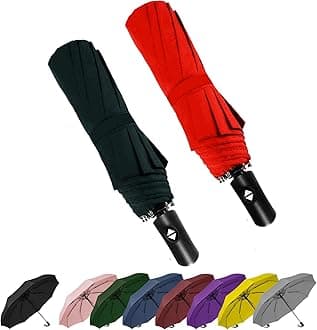 SIEPASASIEPASA 2 Packs Windproof Travel Compact Umbrella, 8-Ribs Anti-UV Waterproof Folding Umbrella with Telfon Coating-One Button for Auto Open and Close. (Black & Red, 2 Pack)