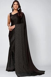 Women's Satin Silk Hot Fixing Stone Work Saree with Unstitched Blouse