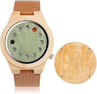 BOBO BIRD Men's Bamboo Wooden Watch with Black Cowhide Leather Strap 12 Holes Timer Design Sports Casual Watches
