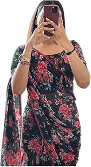 Women's Georgette Printed Ready To Wear one Minute Saree With Unstitched Blouse Piece