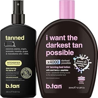 Tanning Oil & UV Tan Bed Lotion Kit | Best Dark Sun Tanner Bundle - Fast, Tinted, Indoor Outdoor Browning Accelerator Cream & Dark Bronzing Spray, Body Tan Extender, No Suntan Protection