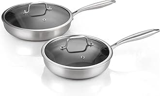 DELARLO Tri-Ply Stainless Steel 10" 12" Frying Pan Set With Lid Nonstick Large skillet, Oven safe induction Chef's Pan,Pots and Pans Set Suitable for All Stove Efficent Fast Even Heating