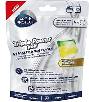 Care+Protect Triple Power Pod Descaler & Degreaser for Washing Machine - Dishwasher - Full Cycle Hygieniser - Cleaner - Limescale Remover-Energy Saving Solution - Pack of 6 Pods - 6 Months Protection