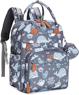 BabbleRoo Diaper Bag Backpack - Baby Essentials Travel Bag - Multi function Waterproof Diaper Bag, Travel Essentials Baby Bag with Changing Pad, Stroller Straps & Pacifier Case – Unisex, Sea Animals,