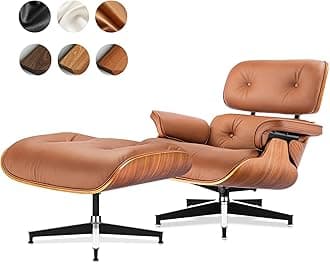 Top Grain Leather, Mid Century Chaise Lounge Chair and Ottoman, Modern Chair Classic Design, Heavy Duty Base Support for Living Room Study Lounge Office, Walnut-Brown