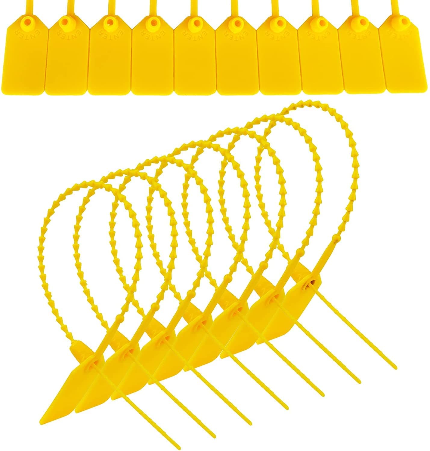 JAVIKA 250pcs Plastic Tamper Seal Tags, Cable Labels, Pull-Tite Security Seal, Zip Ties, Cord Labels for Luggage Tag, Electronics, Cable Management Ties, Fire Extinguisher Tags-(9.2 inch, Yellow)