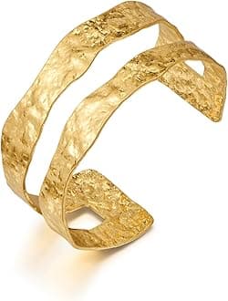 WOWORAMA Hammered Chunky Cuff Bracelets for Women Vintage Boho Wide Bangle Bracelets Irregular Statement Bracelet Thick Arm Cuff Gold Silver Bracelet