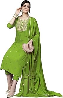 GoSriKi Women's Straight Embroidered Rayon Blend Kurta with Pants and Dupatta