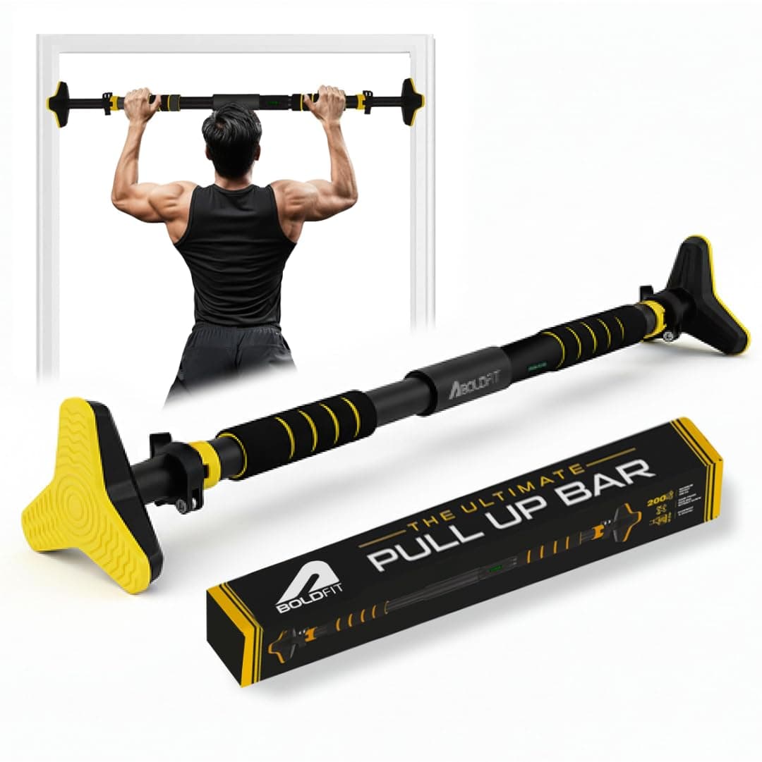 Boldfit Pull Up Bars For Home Workout Chin Up Bar Gym Accessories for Men Door Way Adjustable (72-104 Cms) Hanging Rod Without Screw Anti-Skid Grip Strength Training Exercise Pullup Bar 200 Kg Max Wt.
