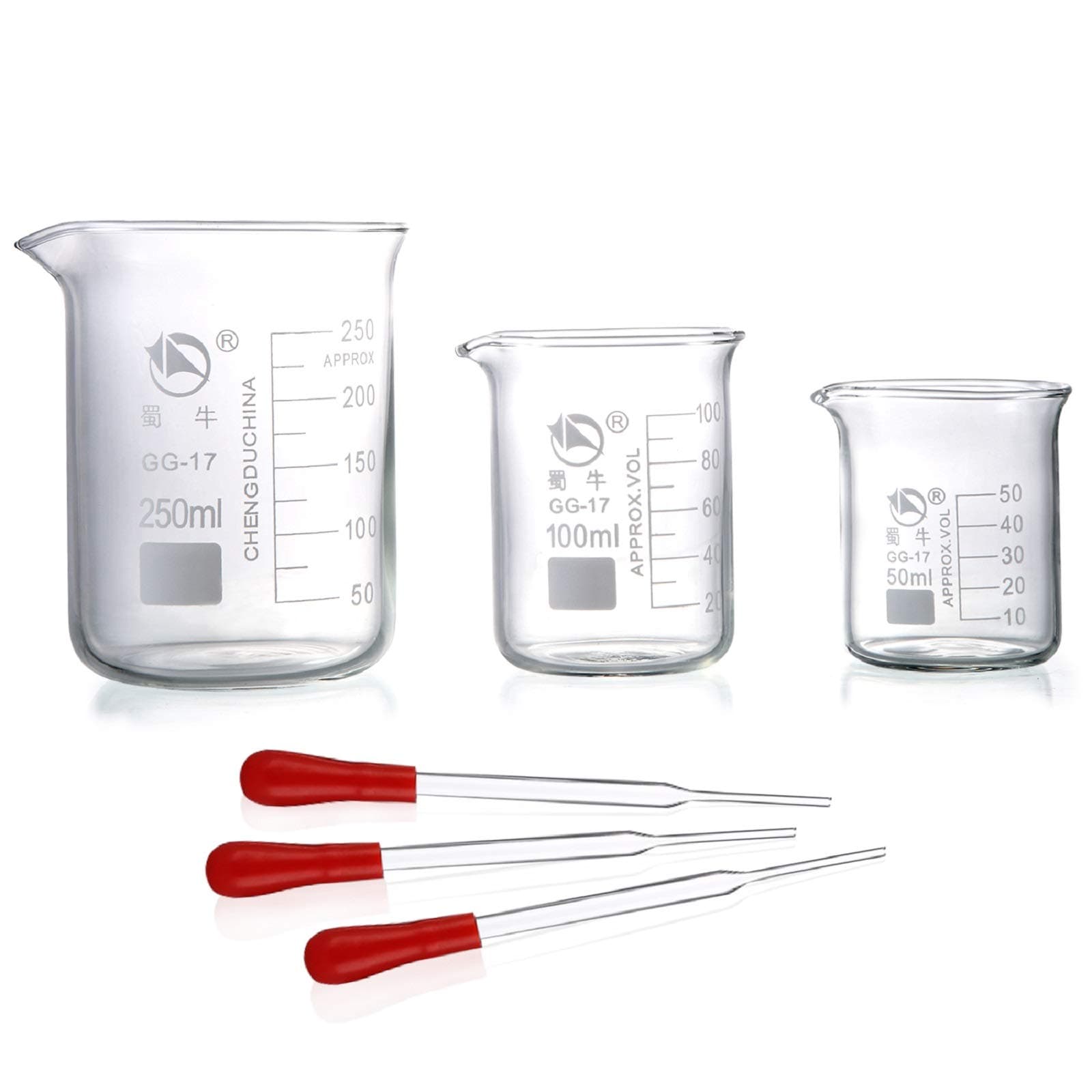 Glass Beakers, Pack of 6 Low Form Glass Measuring & Droppers Set, 3 Graduated Griffin Beakers in 3 Sizes with Scales, 250ml, 100ml, 50ml, 3 Droppers Without Scales (3ml per Drop)