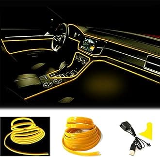 El Wire Yellow Interior Car LED Strip Lights, 10M Neon Wire USB 5V with Fuse Protection for Automotive Interior Decoration, with 6mm Sewing Edge