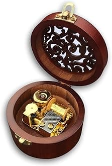 BinkeGG Play (You are My Sunshine) Brown Wooden Circular Hollow Out Music Box with Sankyo Musical Movement (65 Tunes Option)