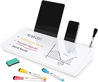 DOLLAR BOSS Glass Desk Whiteboard Small Dry Erase Board Desktop White Board with Storage Drawer Computer Keyboard Stand Desk Organizer Office Accessories Back to School Supplies with 4 Markers, White