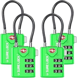 SURE LOCK TSA Approved Combination Luggage Locks with Open Alert Indicator – Durable Zinc Alloy Cable Travel Locks with Large Easy-Read Dials for Suitcases, Backpacks & Gym Bags（Green 4 Pack）