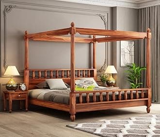 Sheesham Solid Wood Poster Bed Without Storage King Size Bed for Beautiful Bedroom Honey Finish (King Size 2.08L x 1.93W x 1.90H Meters)