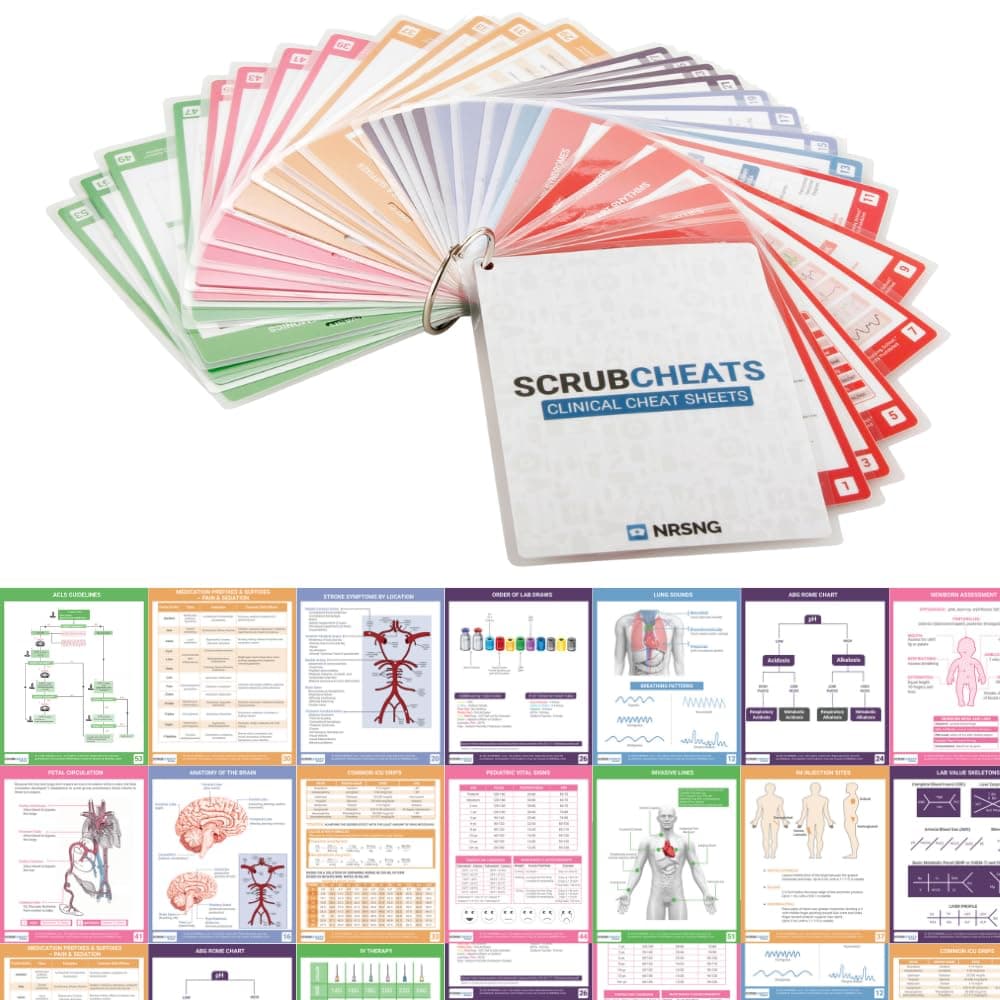 Scrubcheats 56 Laminated Nursing Reference Cards 4X6 Fits in Scrub Pocket | MedSurg, Critical Care, Pharmacology, OB/Peds, Respiratory, Cardiac, Fundamentals Waterproof Nursing Cheatsheets Multi