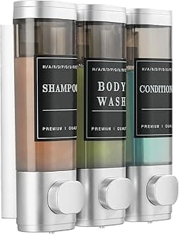 Shower Soap Dispenser Wall Mounted No Drill Shampoo Dispenser for Shower Wall Shampoo and Conditioner Dispenser Bathroom Hotel 3 * 300ml with Waterproof Labels Sliver