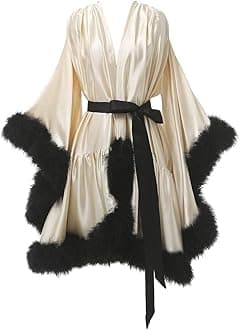 ChanguanWomen's Feather Robe Silk Satin Fur Bridal Robe Short Dressing Gown Lingerie Nightgown Bathrobe Sleepwear