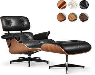 Top Black Grain Leather, Mid Century Chaise Lounge Chair and Ottoman, Modern Chair Classic Design, Heavy Duty Base Support for Living Room Study Lounge Office, Walnut, Heightening