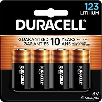 Duracell CR123A 3V Lithium Battery, 4 Count Pack, 123 3 Volt High Power Lithium Battery, Long-Lasting for Home Safety and Security Devices, High-Intensity Flashlights, and Home Automation