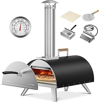 Multi-Fuel Pizza Oven Outdoor, 12" Portable Wood and Gas Fired Pizza Oven with Thermometer,Gas Hose & Pizza Stone,Heats up to 1000°F,Stainless Steel Pizza Oven for Backyard or Camping (Black)