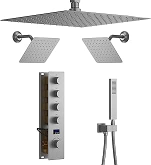 Brushed Nickel Shower System with 3 Rain Shower Head(12+8+8 inch), Handheld Spray, 4 Way Smart Temperature Display Shower Faucet set