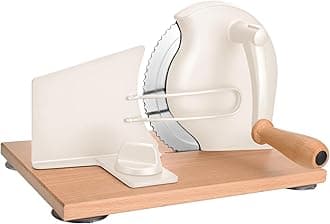 Manual Bread Slicer with Hand Crank, Classic Home Bread Slicer for Homemade Sourdough, Rotary Slicer with Adjustable Thickness, Premium Stainless Steel & Powerful Suction Cups (White)