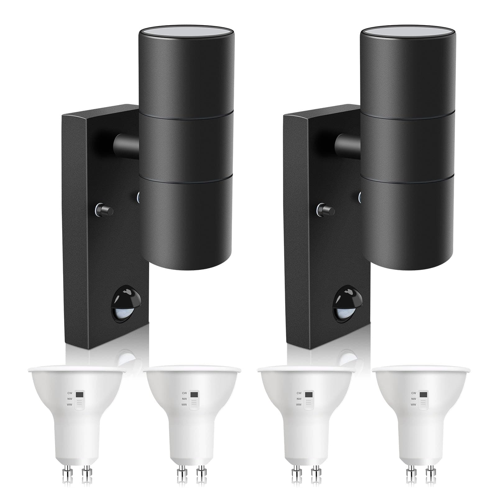 ALUSSO LIGHTING 2 Pack Up Down LED Wall Light PIR Motion Sensor 8W 750LM Stainless Steel Lamp, incl. 4X GU10 Bulbs 3000K 4000K 6000K Adjustable, Outdoor Security Light IP65 Waterproof Porch, Black