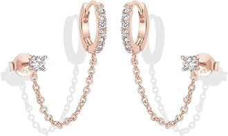 14K Gold Chain Earrings for Women, Cubic Zirconia Pearl Hoop Earrings for Women