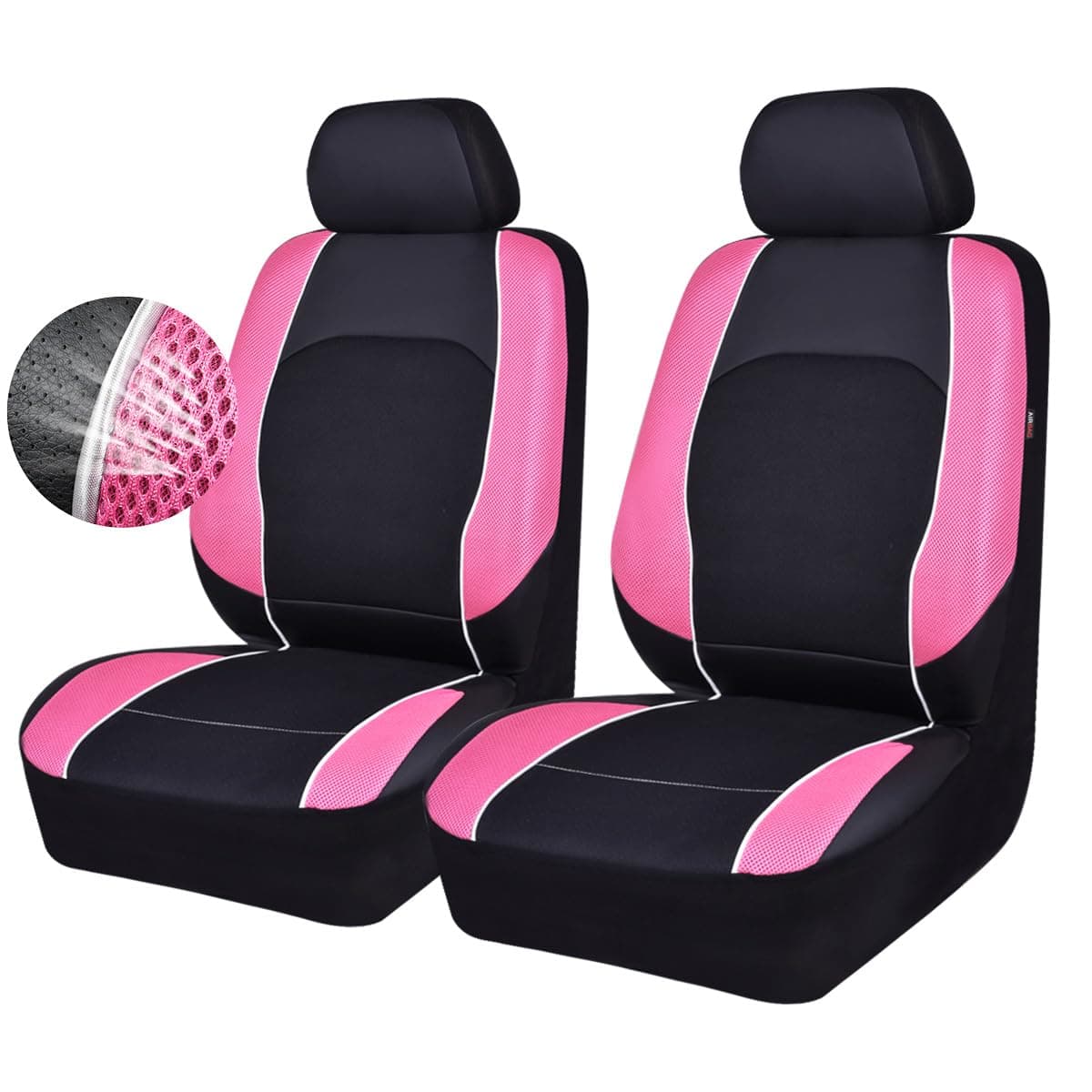 Universal Leather Two Front Car Seat Covers,3D Air Mesh Breathable Airbag Compatible Fit for Cars Trucks Suvs Sedans(Black and Pink)