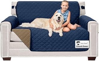 Sofa Shield Patented Loveseat Slip Cover, Large Cushion Protector, Reversible Stain and Dog Tear Resistant Slipcover, Quilted Microfiber 54” Seat, Washable Covers for Dogs Pets Kids, Navy Sand