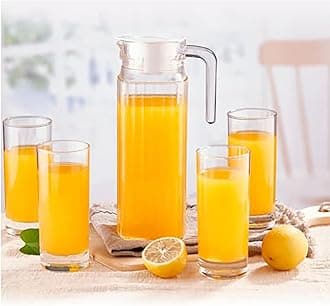 bellemax Italian Premium Water and Juice Glasses Set of 6 and Jug Set Combo,(6 Pieces Glasses 350ML and 1 Water Juice Jug 1 Liter), Transparent, Glass and Jug Set (Lining A)