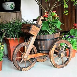 HOMETASTE Tricycle Wooden Flower Cart Planter with 3 Wheels - Indoor/Outdoor Garden Decor - Ideal for Patio, Lawn, & Backyard - Handcrafted Wood Design for Elegance & Style