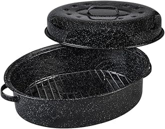 19 inch oval roaster with Lid, Oval Rack included (Speckled Black) - design to accommodate up to 20 lb poultry/roast. Resists up to 932°F