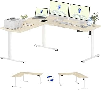 L Shaped Standing Desk, 71 x 63 Inch Electric Height Adjustable Corner Desk, Sit Stand Computer Workstation, Preset Controller, Home Office, White Frame with Maple Top