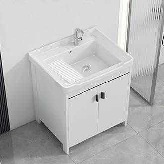 Bathroom Vanity with Ceramic Sink, Modern Bathroom Cabinet, Wooden Double Door Laundry Tub, Quick Assembly Hand Basin Washing Station for Garage, Restaurant, Laundry Room(60*47*82CM/23.6*18.5*32.2IN)