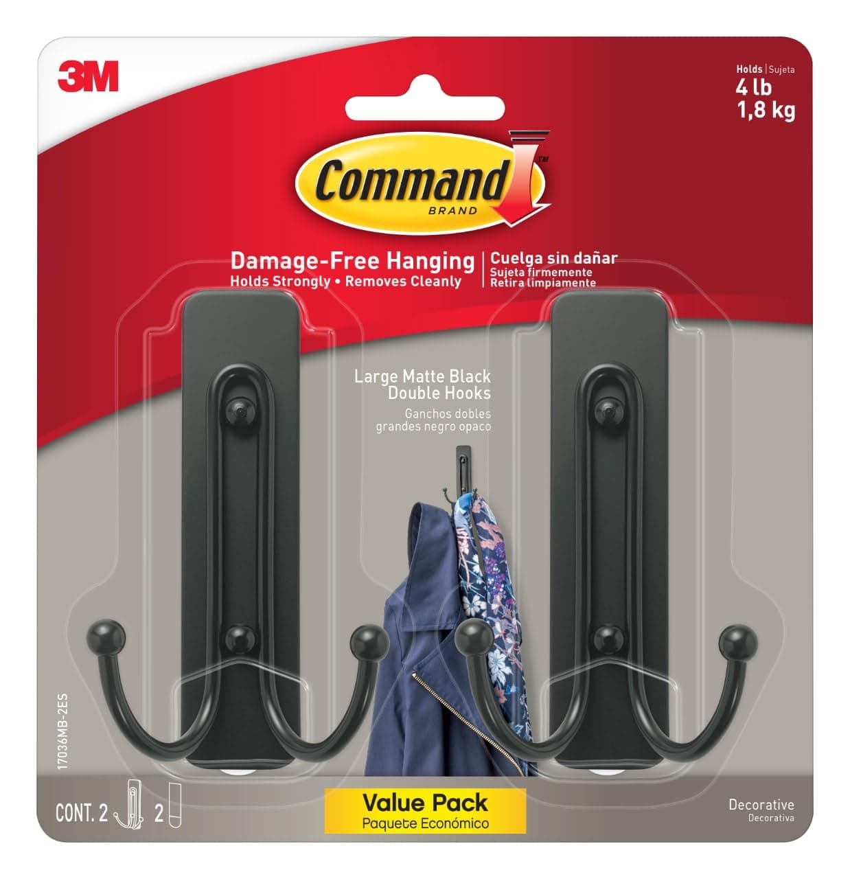 Command Large Matte Black Double Hooks, 2 Hooks and 2 Strips, Damage Free Hanging Wall Hooks with Adhesive Strips, No Tools Coat Hooks for Hanging Home Decor, Holds up to 4 lb