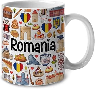 Lotacy Romania Symbols Colorful Coffee Mug, 11 oz Ceramic Mug - Romania Souvenir and Gifts, Gift Idea for Romanian Men and Women