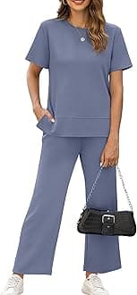 XIEERDUO Womens Travel Outfits Two Piece Lounge Set 2 Pc Short Sleeve Loungewear Sets Summer Fashion Vacation Tracksuit Women's Spring Crewneck Jumpsuit Loose Clothes Blue M