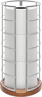 NearMoon Toilet Paper Organizer Stand, Freestanding 3 Rolls Tissue Storage, Metal Bathroom Accessory, Rustproof Toilet Roll Holder for Kitchen Countertop Inside Cabinet Shelf(Wooden Base, Chrome)