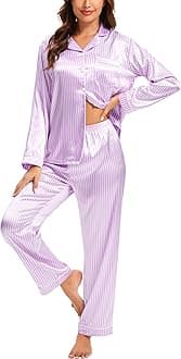 SWOMOG Women's Pyjama Set Silk Satin Long Sleeve Button Down Pyjamas Two Piece Comfy Sleepwear and Loungewear Set
