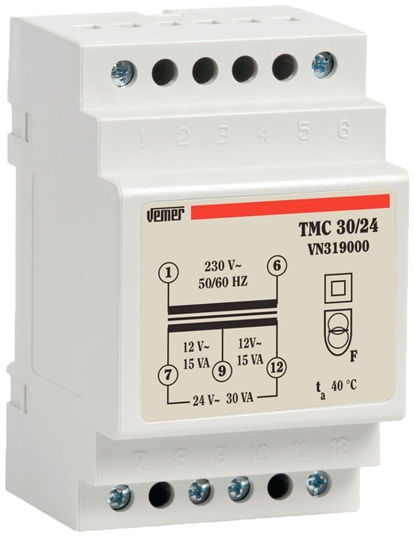 VEMER VN319000 model TMC 30/24 DIN-rail mounting safety transformer for continuous service 230V/12-24V. Color Grey