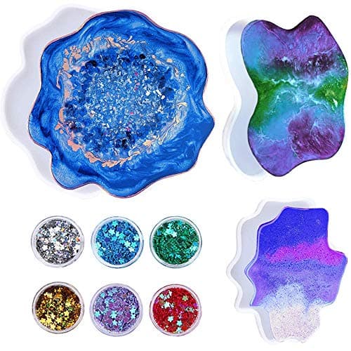 Silicone Coaster Mold, 9Pcs Geometric Epoxy Resin Casting Molds Set with 3 Large Size Irregular Flexible Coaster Molds and 6 Pack Shining Glitter for DIY Making Cups Bowl Mat Jewelry Holder Home Decor