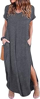 Kancystore Women's Summer Long Dresses Casual Short Sleeve Split Beach Maxi Dress with Pockets