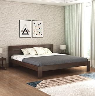 Wooden Queen Size Bed Without Storage | Wooden Double Bed Cot Bed for Bedroom Furniture | Palang Double Bed for Hotels | Sheesham Wood, Walnut Finish