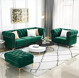 Modern Classic 5 Seater Sofa Couch Fabric & Valvet 3+1+1Footrest Tufted Chesterfield Sofa Living Room and Office (Green)