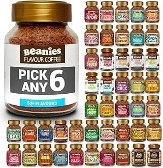 Beanies Flavoured Instant Coffee Pick Any 6 Jars (50g) from 38+ Blends Inc. Chai Latte, Nutty Hazelnut, Mocha, Creamy Caramel, Amaretto Almond, double chocolate, mince pie