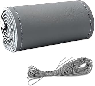 Leather Steering Wheel Cover, DIY Sewing with Needle & Thread, Breathable Anti-Slip Car Steering Wheel Protector, Universal 15 Inch Auto Steering Wheel Stitch on Wrap (Grey, Glossy)