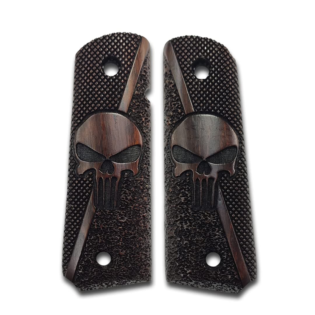 1911 Grips Full-Size Real Wood Grips, Punisher - Skull Engraving - Grip for Government/Commander, 1911 Accessories Ambi‑Safety Cut