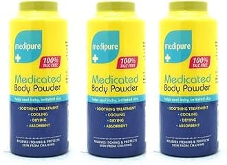 3 x Medipure Medicated Body Powder - Helps Cool Itchy, Irritated Skin 100% TALC FREE (200g) - Swan household ®
